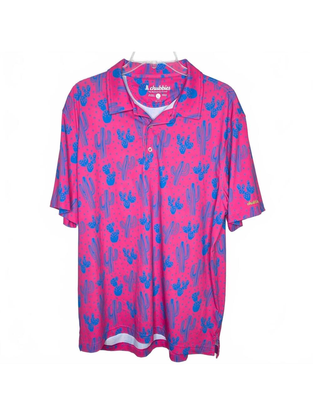 Chubbies Men's Pink Blue Cactus Polo Size Large Golf Athleisure